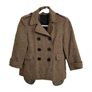 GRYPHON Jacket Small Brown Herringbone Virgin Wool Double-Breasted Peacoat